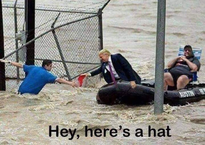 Dank meme of Trump and Chris Christie in a rescue boat, offering MAGA hats to people stranded.