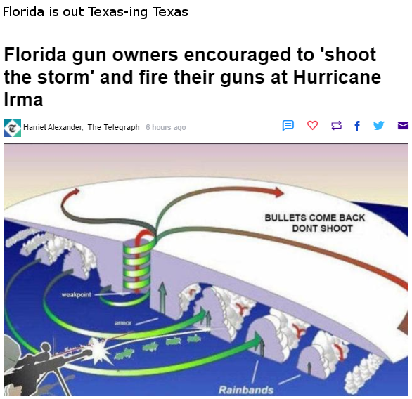 Dank meme of how Florida is out Texas-ing Texas by encouraging gun owners to shoot the storm and fire their guns at Hurricane Irma