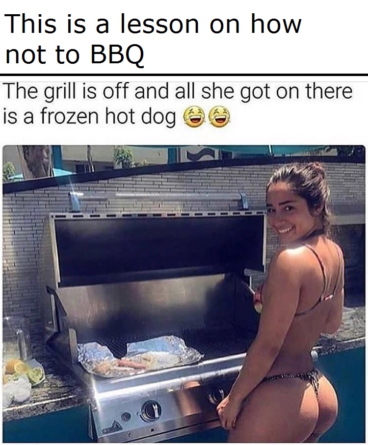 Dank meme of hot girl at the BBQ but the grill is off and all she has on there is a frozen hot dog.