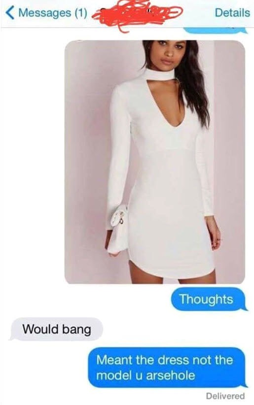 DM of woman asking man about his thoughts on a dress and he comments on the model.