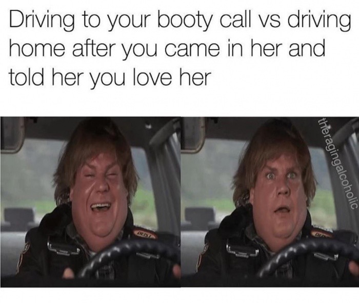Funny dank meme of Chris Farley reaction of driving over to the booty call VS driving home after you came in her and told her you love her.