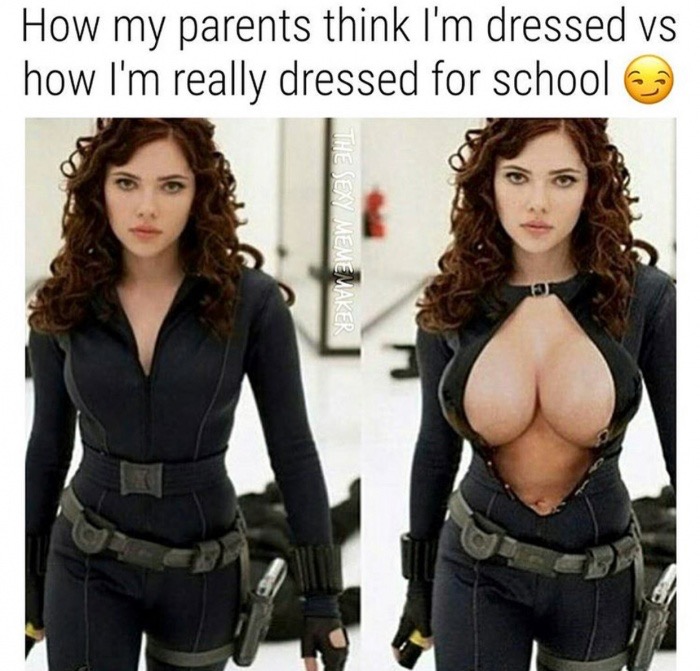 Savage funny meme about how the parents think I dress for school VS how I am really dressed, with two very different amounts of cleavage showing - image meme g0kv7q5y1 funny pic