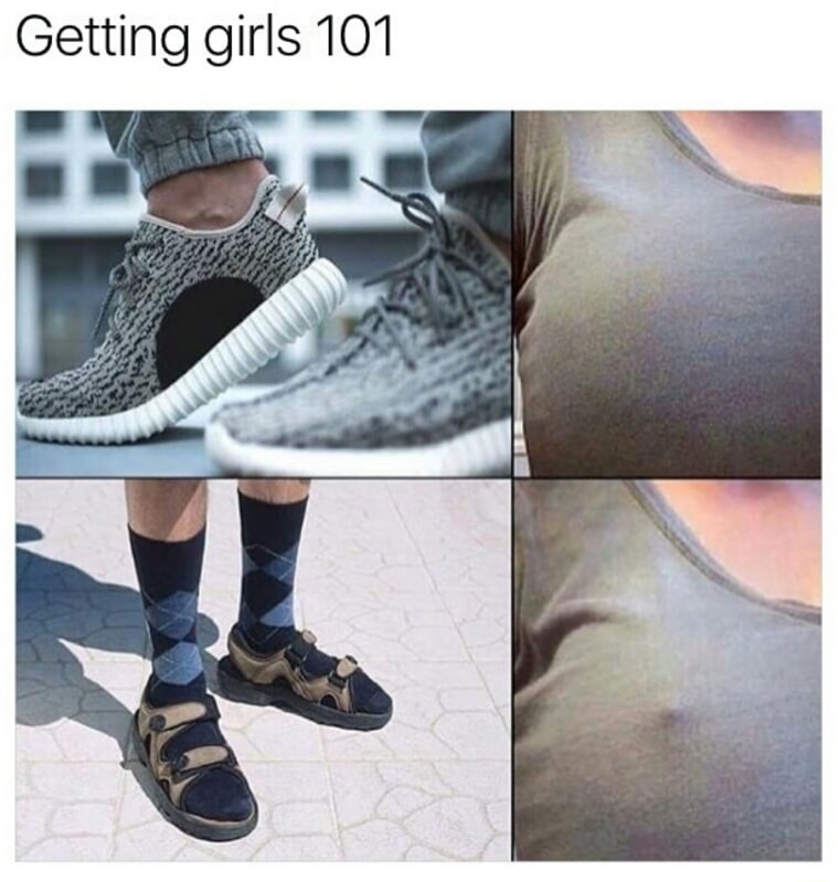 meme of woman not liking normal trendy shoes, but loving the socks with sandals look.