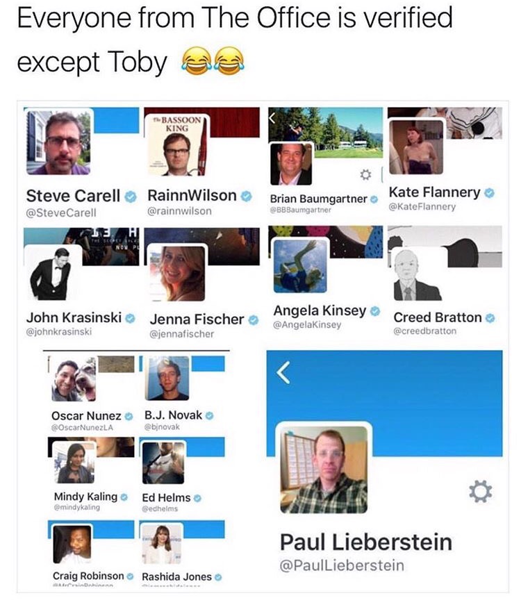 Brutally hilarious meme of the whole The Office cast is verified on twitter except for Toby.