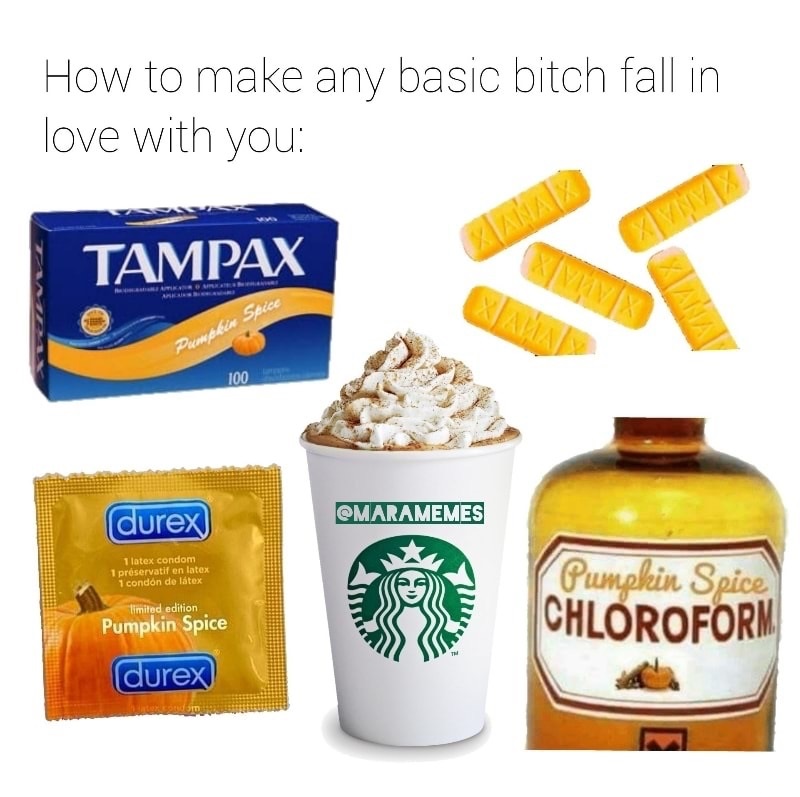 dank meme pumpkin basic bitch - How to make any basic bitch fall in love with you Xvnvx Tampax Vivix Xala Pienikin Sbice durex 1 latex condom 1 prservatif en latex 1 condn de ltex Pumpkin Spice Chloroform limited edition Pumpkin Spice durex