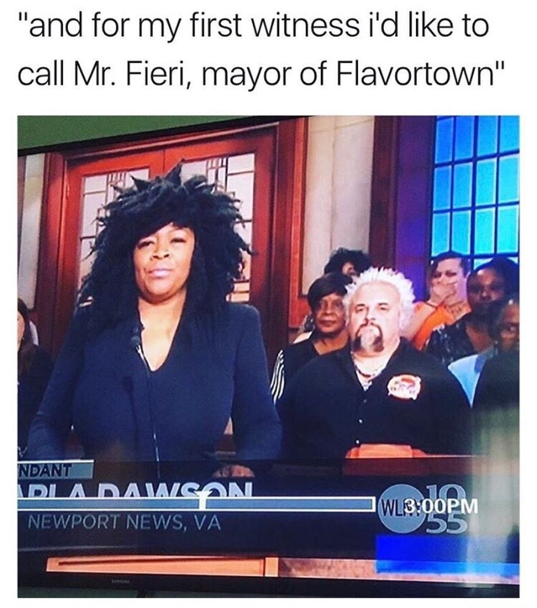 funny meme of witness in a courtroom that seriously looks like Guy Fieri