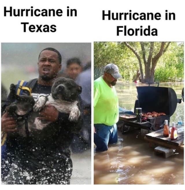 Meme comparing how Texas and Florida handle a hurricane.
