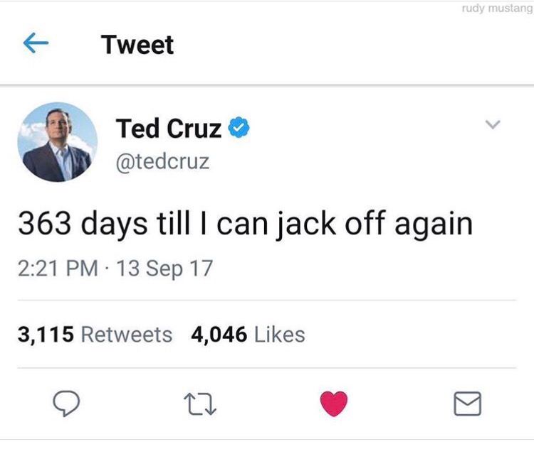 memes - rudy mustang Tweet Ted Cruz 363 days till I can jack off again 13 Sep 17 3,115 4,046