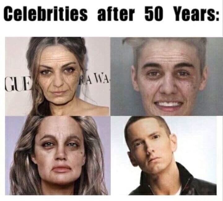 funny meme about celebrities in 50 years, with Eminem not aging even one day