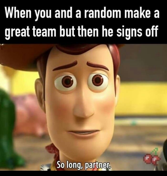 Funny meme of Woody from Toy Story of when you and a random user make a great team and then they sign off.