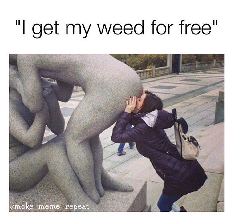 Funny meme of girl doing crass acts on a statue with caption that this is what she means when she says 'I get my weed for free'