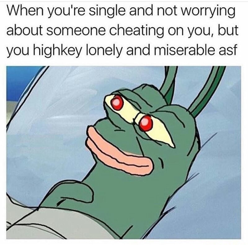 funny meme of a Pepe like character about being single but also lonely.