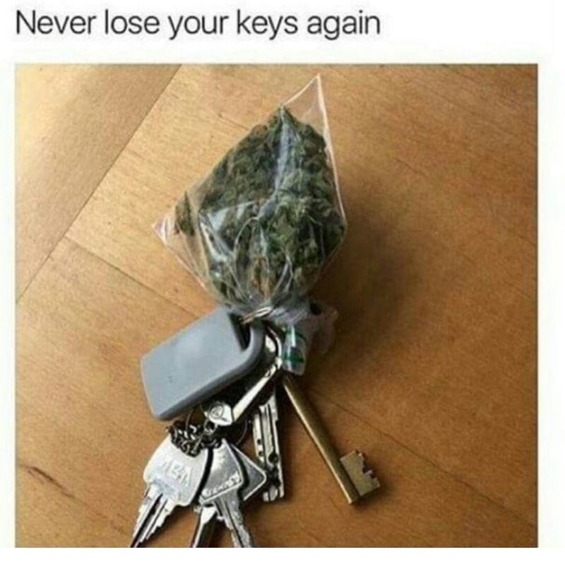 Funny meme about how to avoid losing your keys but tieing a dime bag to them.