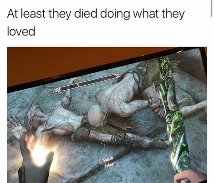 Video game meme of two dead baddies that look like they were doing what they loved.