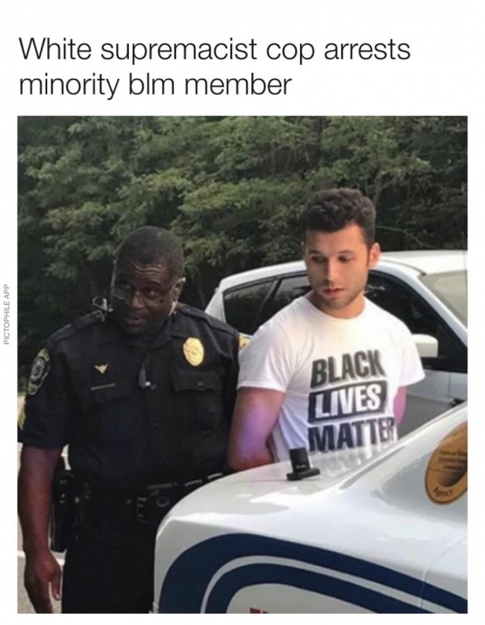 Funny meme of a black cop arresting a white man with Black Lives Matter shirt