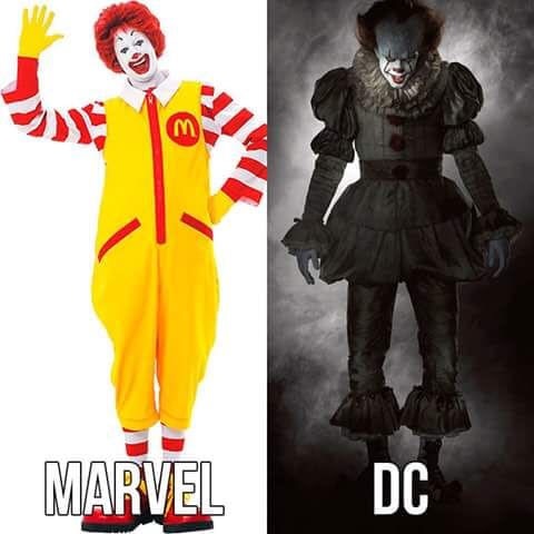 Meme comparing Marvel to DC, with Ronald McDonald as Marvel and Pennywise from IT as DC