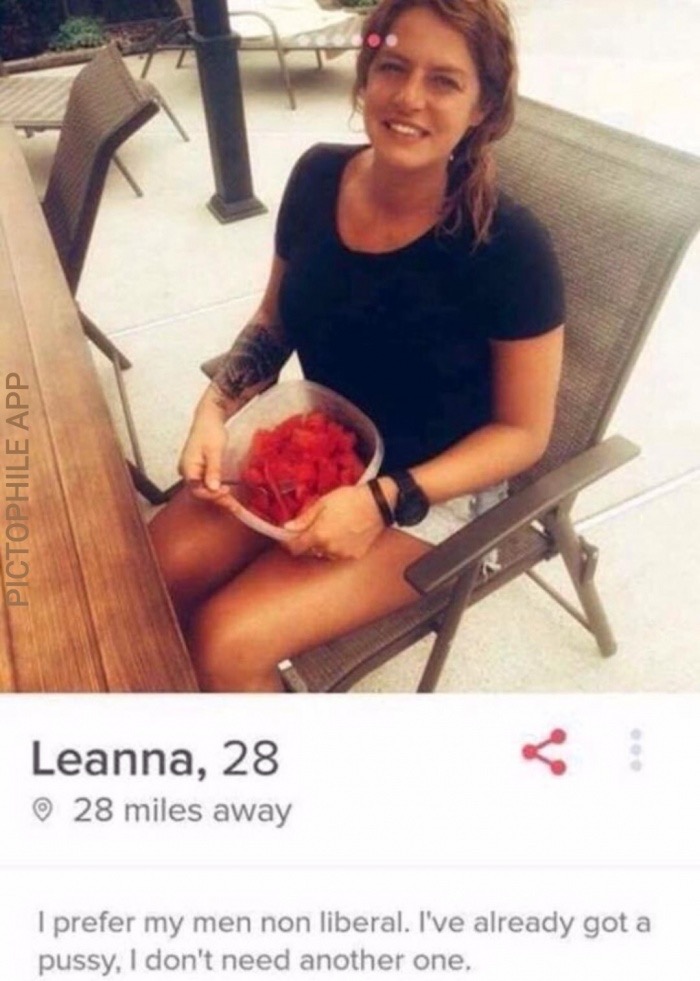 Funny tinder profile of woman who prefers her men not liberal.