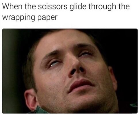 Meme of Ryan Phillippe showing how awesome it feels when scissors glide through the wrapping paper.