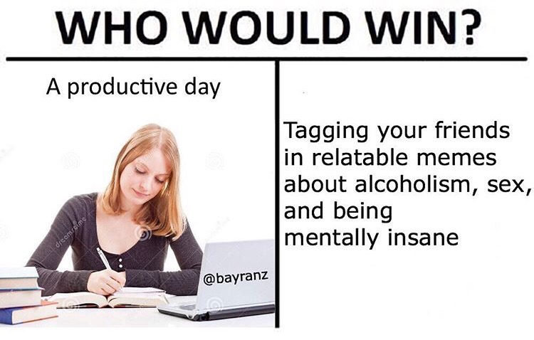 learning - Who Would Win? A productive day Tagging your friends in relatable memes about alcoholism, sex, and being mentally insane