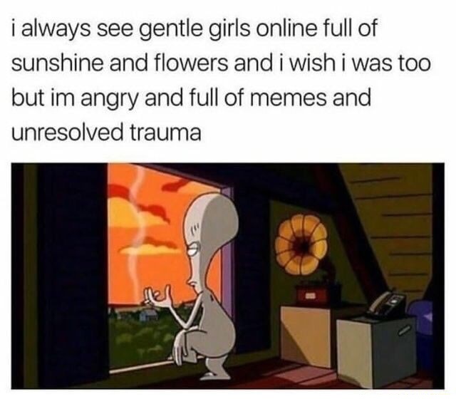 always see gentle girls online - i always see gentle girls online full of sunshine and flowers and i wish i was too but im angry and full of memes and unresolved trauma