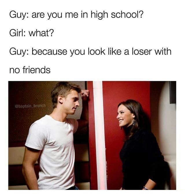 memes - guy talking to girl - Guy are you me in high school? Girl what? Guy because you look a loser with no friends