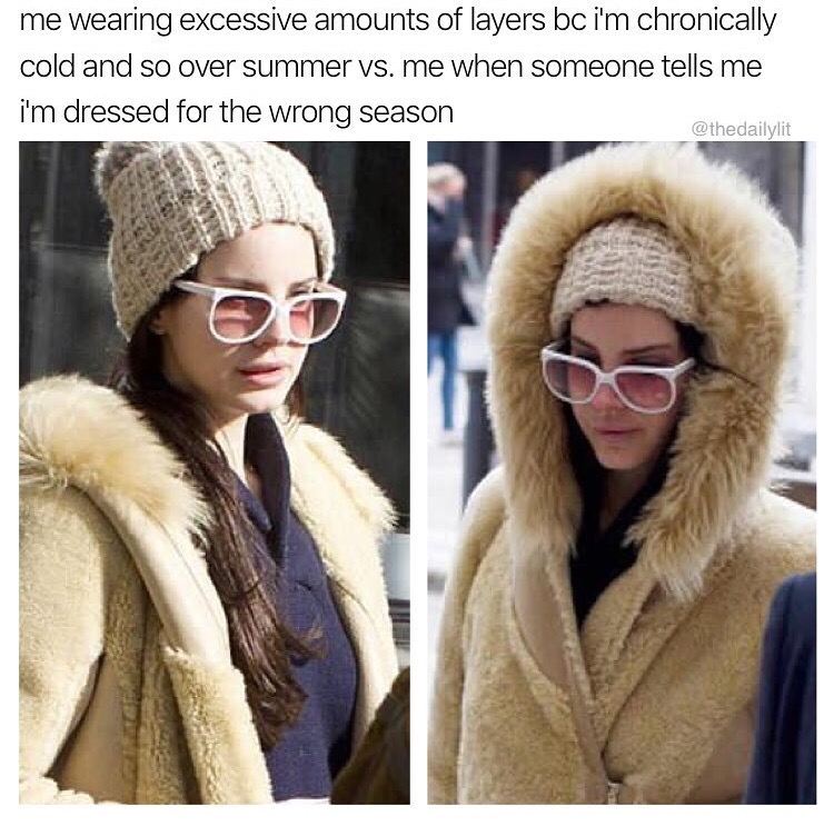 memes - fur clothing - me wearing excessive amounts of layers bc i'm chronically cold and so over summer vs. me when someone tells me i'm dressed for the wrong season