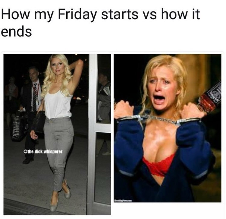 Paris Hilton meme about Friday start VS end of the night