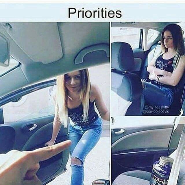 Funny meme about making the girl sit in the back so that you have room up front for the Whey powder.