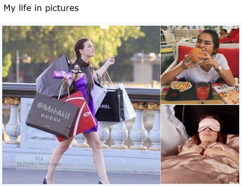 Girl shopping, eating and sleeping as life in pictures