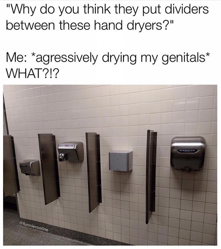 Meme about why they have dividers between hand dryers.