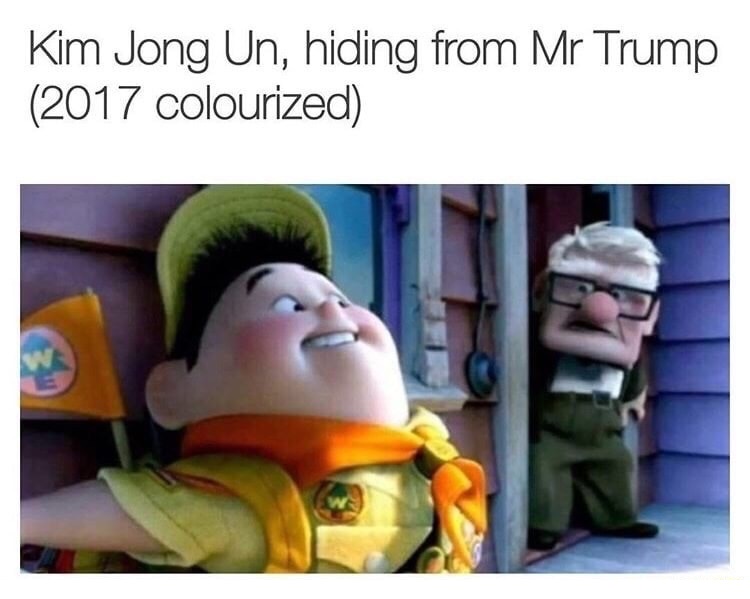 funny meme of russell up - Kim Jong Un, hiding from Mr Trump 2017 colourized
