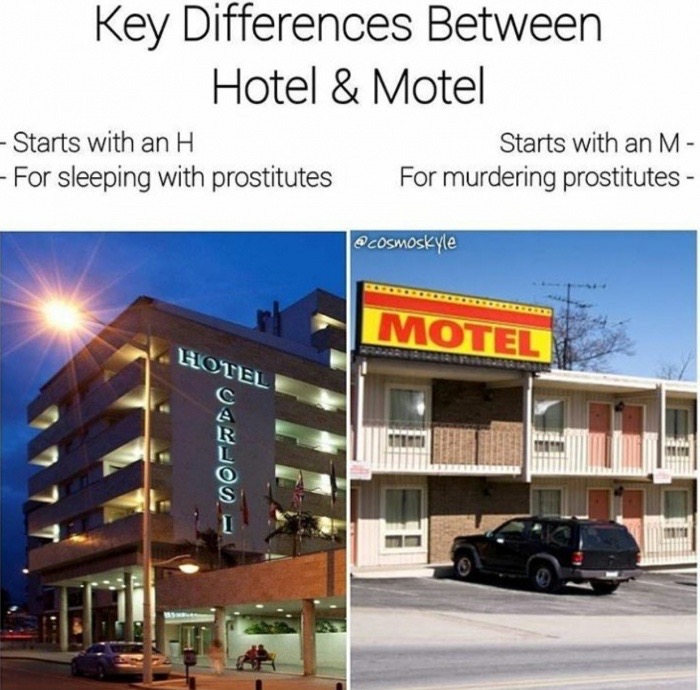 Key Differences between Hotel & Motel Starts with an H Starts with an M For sleeping with prostitutes For murdering prostitutes Motel Hotel