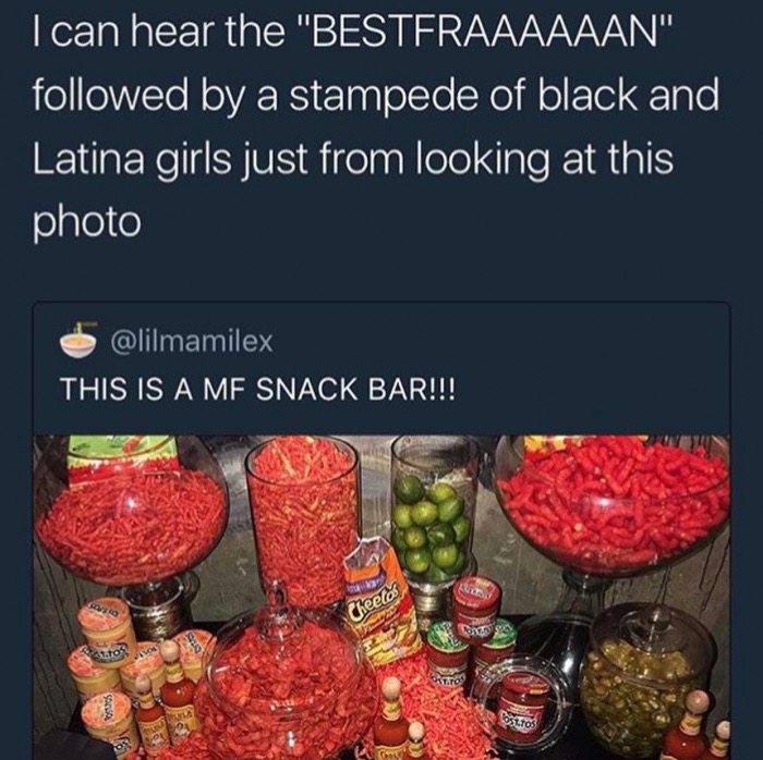 hot cheeto table - I can hear the "Besteraaaaaan" ed by a stampede of black and Latina girls just from looking at this photo This Is A Me Snack Bar!!! A Cheetos Otto estros