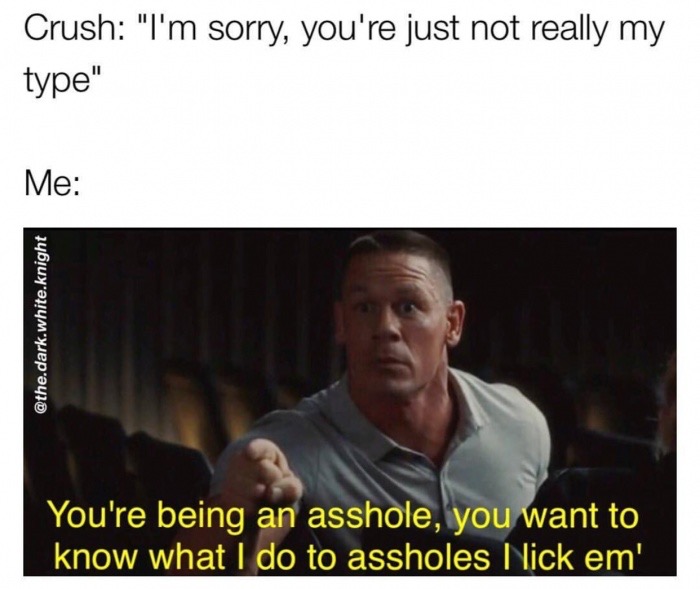 Crush "I'm sorry, you're just not really my type" Me .dark.white.knight You're being an asshole, you want to know what I do to assholes I lick em'