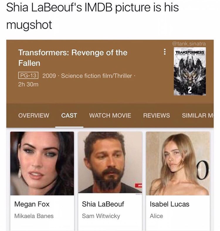 megan fox and shia labeouf cute - Shia LaBeouf's Imdb picture is his mugshot .sinatra Transformers Transformers Revenge of the Fallen Pg13 2009. Science fiction filmThriller 2h 30m Overview Cast Watch Movie Reviews Similarm Shia LaBeouf Isabel Lucas Megan