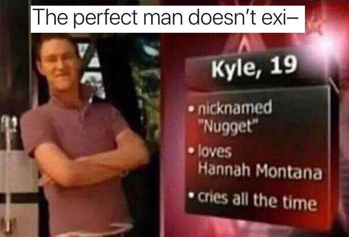 memes - nicknamed nugget loves hannah montana - The perfect man doesn't exi Kyle, 19 nicknamed "Nugget" loves Hannah Montana cries all the time