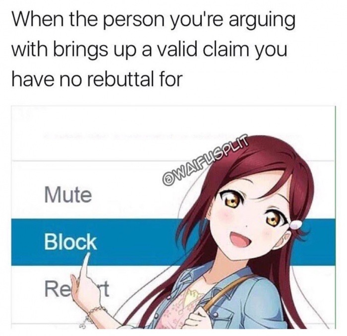 block anime girl meme - When the person you're arguing with brings up a valid claim you have no rebuttal for Waifusplit Mute Block Rel t