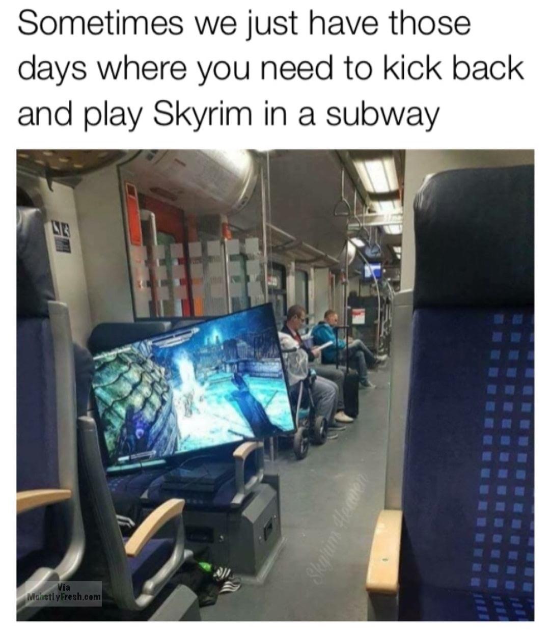 skyrim on the subway - Sometimes we just have those days where you need to kick back and play Skyrim in a subway Skuimte Via MonstlyFresh.com