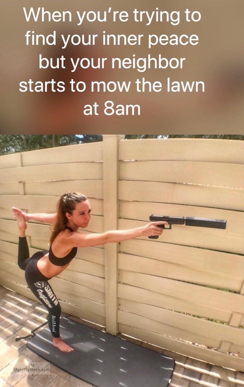 Meme of a girl doing yoga while aiming a gun with a silencer