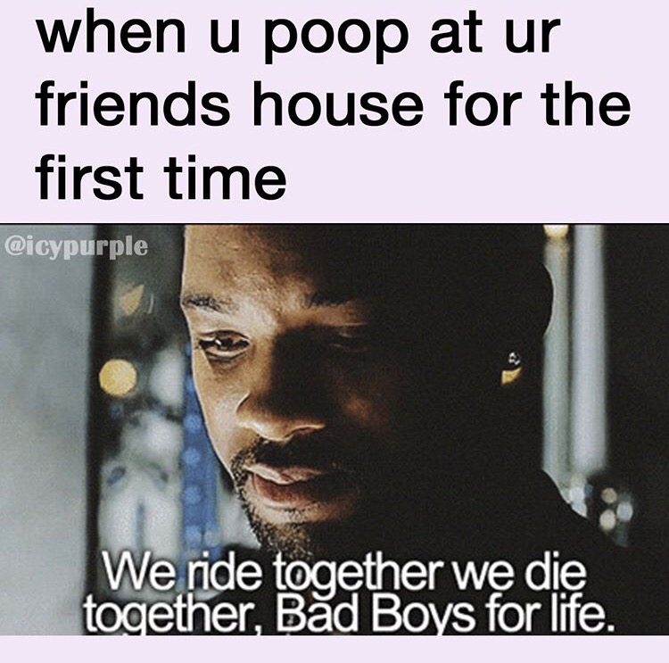 Meme about Bad Boys scene about when you poop at friends house