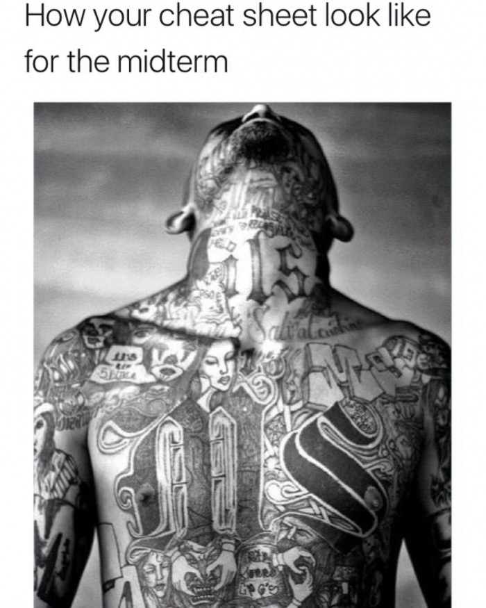 Meme about cheat sheet for the midterm looks like this man's tattoo on his body