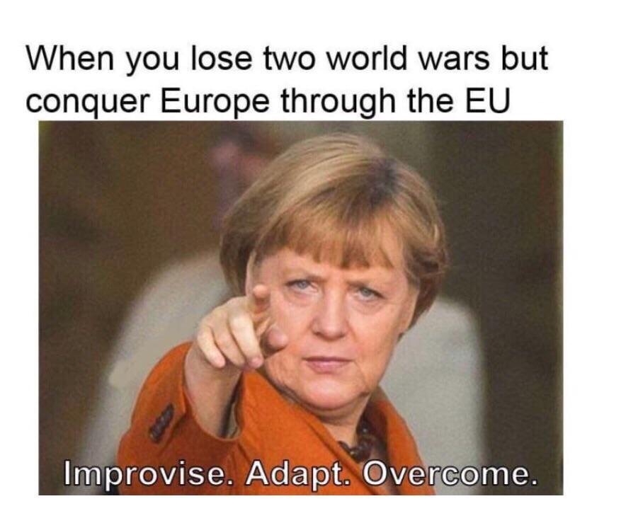 German version of German Chancellor Angela Merkel of Improvise, Adapt, Overcome meme