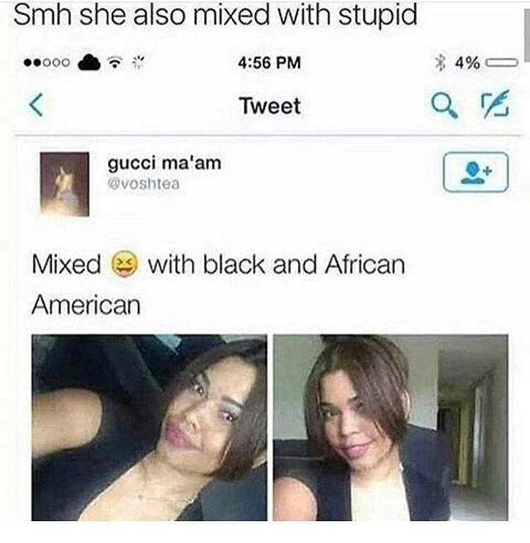 mixed with black and african american meme - Smh she also mixed with stupid .000 > 4% Tweet gucci ma'am voshtea Mixed 29 with black and African American