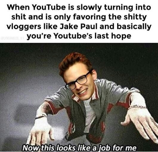 now this looks like a job for me meme - When YouTube is slowly turning into shit and is only favoring the shitty vloggers Jake Paul and basically you're Youtube's last hope Now this looks a job for me