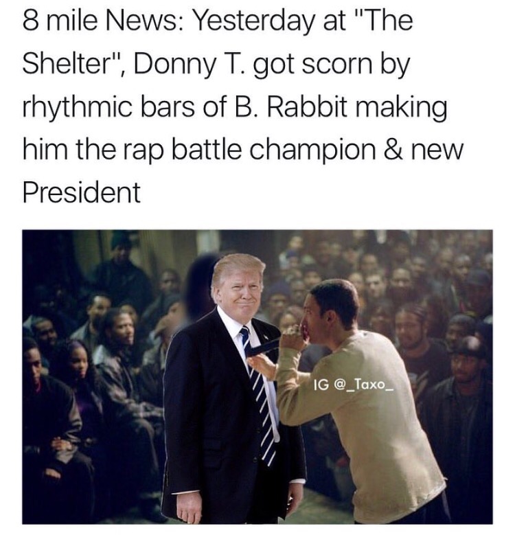 eminem 8 mile - 8 mile News Yesterday at "The Shelter", Donny T. got scorn by rhythmic bars of B. Rabbit making him the rap battle champion & new President Ig