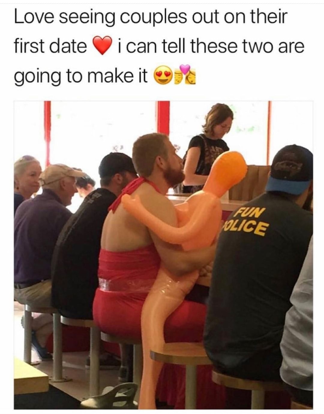 funny random adult meme - Love seeing couples out on their first date i can tell these two are going to make it Gun Olice
