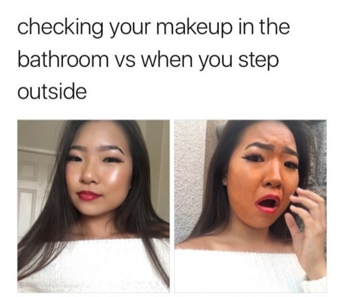 makeup in bathroom vs outside - checking your makeup in the bathroom vs when you step outside