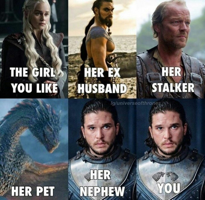 game of thrones meme jon snow daenerys - The Girls You Her Ex Husband Her Stalker Iguniverseofthrones Her Pet Her Nephew You