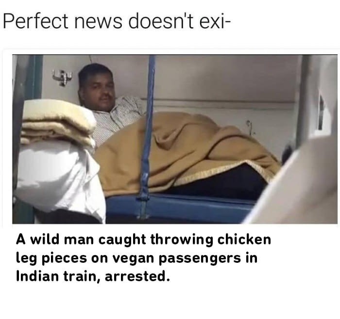 perfect news doesn t exist meme - Perfect news doesn't exi A wild man caught throwing chicken leg pieces on vegan passengers in Indian train, arrested.