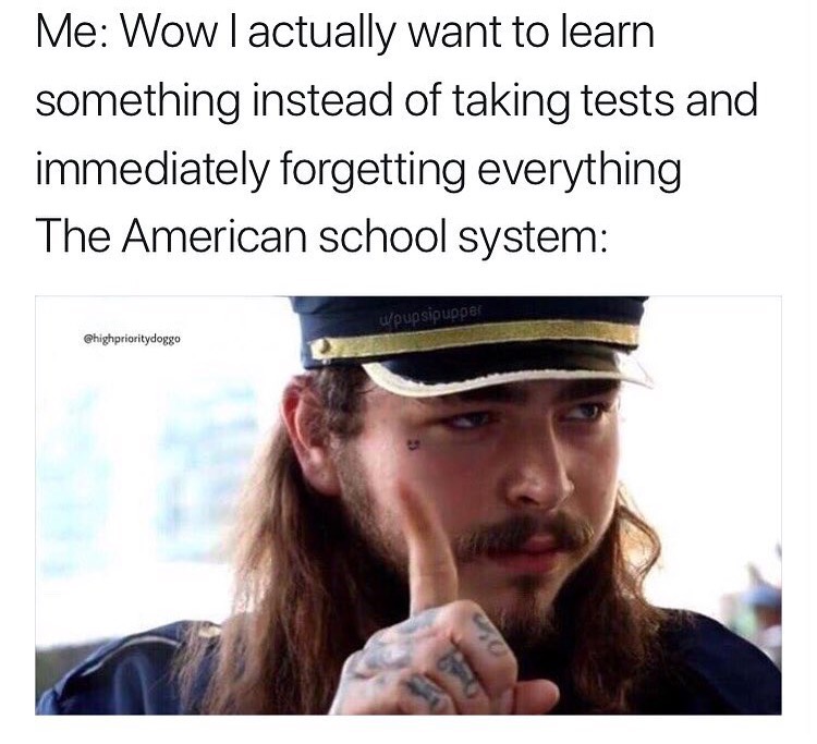 funny post malone memes - Me Wow I actually want to learn something instead of taking tests and immediately forgetting everything The American school system s